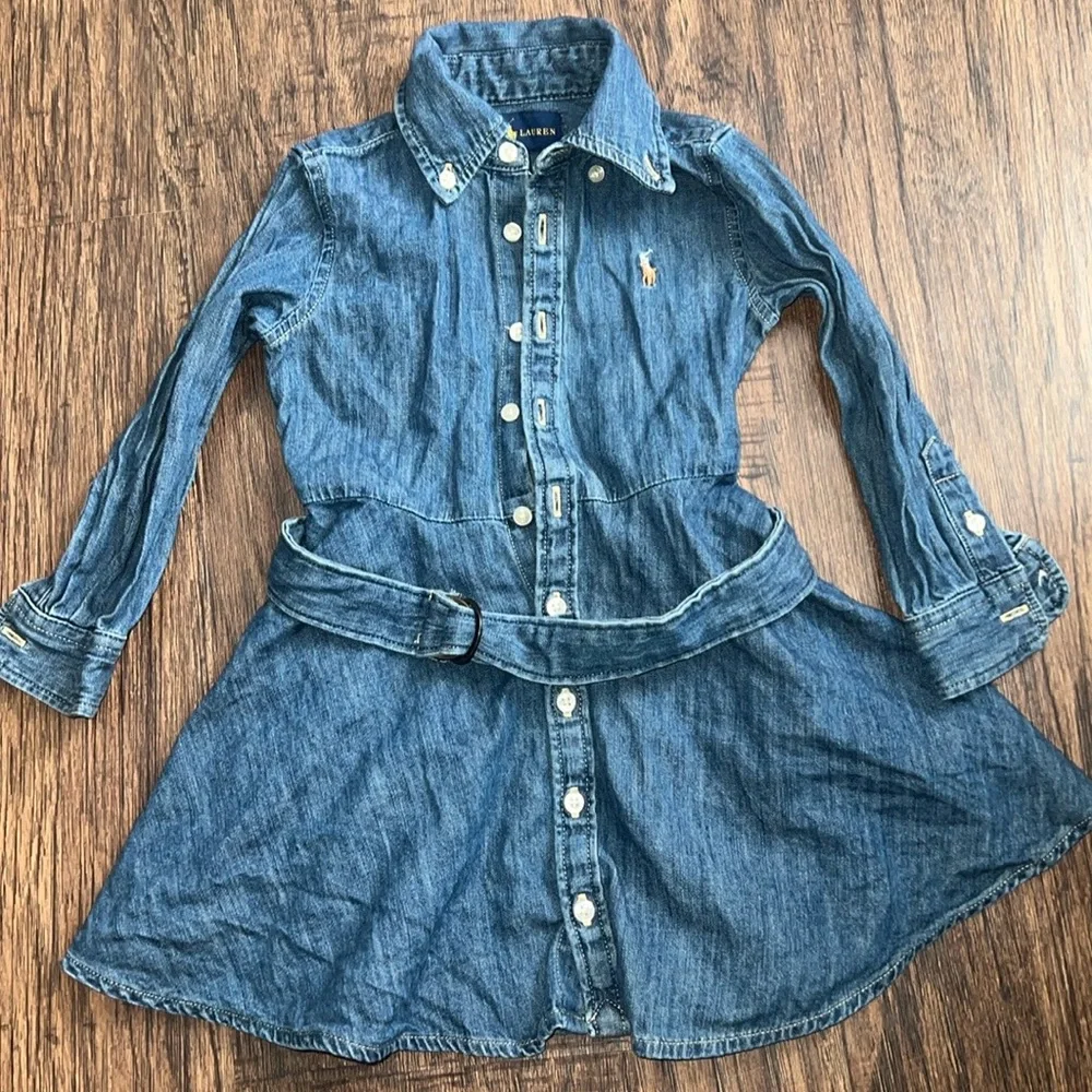 Ralph Lauren Girls' Denim Shirt Dress in Dark Blue with Contrast Cuffs